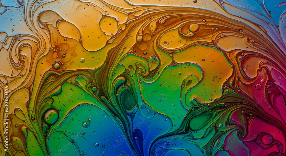 Poster abstract image of swirling multicolored liquids, creating a vibrant and dynamic pattern with air bub