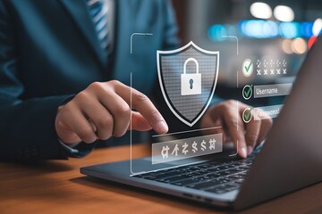Fototapeta premium Digital Security: A close-up shot of an individual engrossed in safeguarding their digital world on a laptop