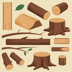 Collection of various wooden elements and tree stumps on a light background lumber timber