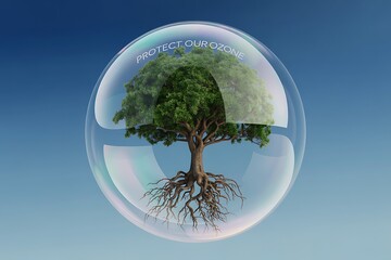 Vibrant tree protected within a clear bubble, symbolizing ozone layer preservation and environmental care