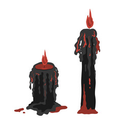 Set of spooky red and black lighting and melting candle. Halloween design element vector isolated illustration