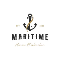 Fototapeta premium Yacht rudder logo template design with sea waves, rope and vintage anchor. Logo for business, sailor, sailing.