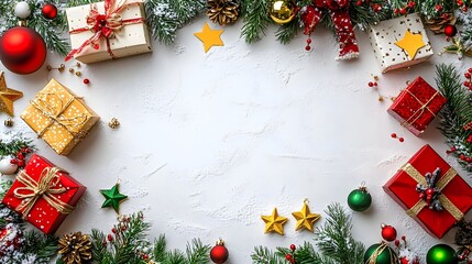 Festive Christmas decorations with presents and ornaments arranged around a white surface for holiday celebrations