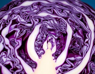 Fototapeta premium Intricate close-up of a purple cabbage cross-section showcasing vibrant layers and natural patterns.