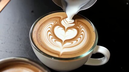 Steamed milk being poured into espresso, creating a heart latte art design in a glass cup on a dark surface - Powered by Adobe