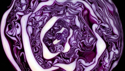 Obraz premium Detailed close-up of a vibrant purple cabbage cross-section showcasing intricate layers and textures.