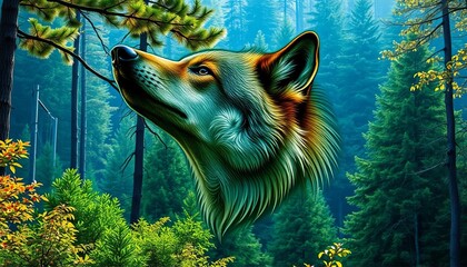 Fototapeta premium Wolf's head seamlessly integrated into lush forest backdrop, light, close up