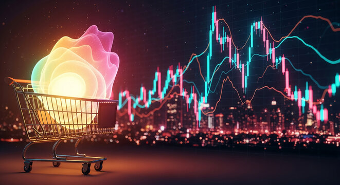 Shopping cart with glowing abstract element against cityscape backdrop and stock market chart, symbolizing online trading, e-commerce, or digital market growth, showcasing potential for advertisement - Powered by Adobe