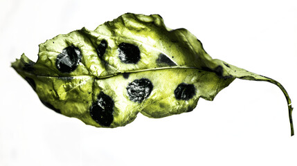 Abstract close-up of a wilting green leaf with dark spots, starkly contrasted against a sterile white background.