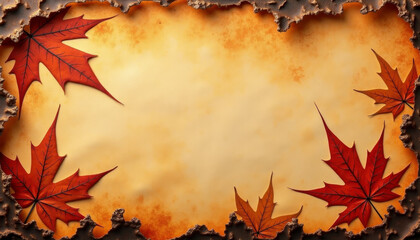 Burnt edge paper with red autumn leaves border in rustic style