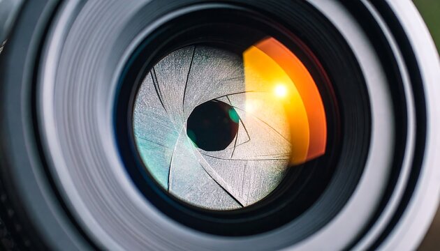 Detailed view of camera lens diaphragm with aperture blades and light reflections