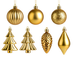 A curated set of eight luxurious gold christmas ornaments featuring diverse shapes a transparent background.