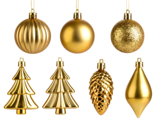 A curated set of eight luxurious gold christmas ornaments featuring diverse shapes a transparent background.