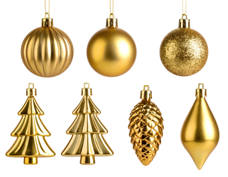 A curated set of eight luxurious gold christmas ornaments featuring diverse shapes a transparent background.
