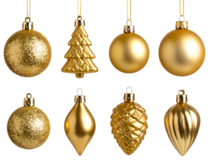 A curated set of eight luxurious gold christmas ornaments featuring diverse shapes a transparent background.