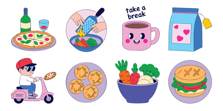Playful Food Icons Pizza, Wine, Healthy Veggies, Dessert, Tea and Cute Character on Scooter Illustration