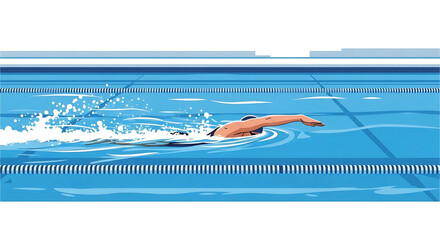 Dynamic swimmer gliding through a blue pool creating ripples and splashes surrounded by crisp lane markers showcasing precision and power in an athletic endeavor