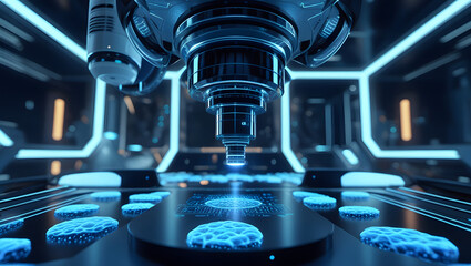 A futuristic laboratory scene showcasing a complex machine examining several samples on a platform.