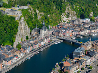 Aerial view of the village of Dinant in Belgium at Sunset