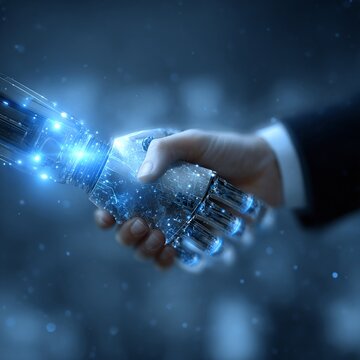 Mano umana e braccio robotico in stretta di mano
