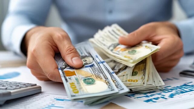 Money in hand: A close-up shot reveals a person counting and handling stack of United States dollar bills, showcasing the essence of financial wealth and the tangible symbol of prosperity.