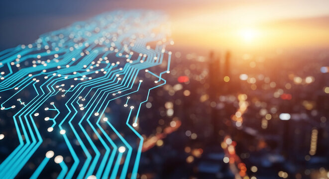 Abstract image of glowing blue circuit board lines over a blurred cityscape at sunset, symbolizing technological innovation and urban connectivity