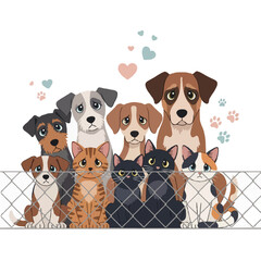 Flat Vector Illustration for International Homeless Animals Day – Sad Stray Dogs and Cats in Animal Shelter