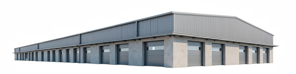 Fototapeta premium Modern industrial warehouse with multiple loading bays and sleek design, showcasing blend of functionality and style
