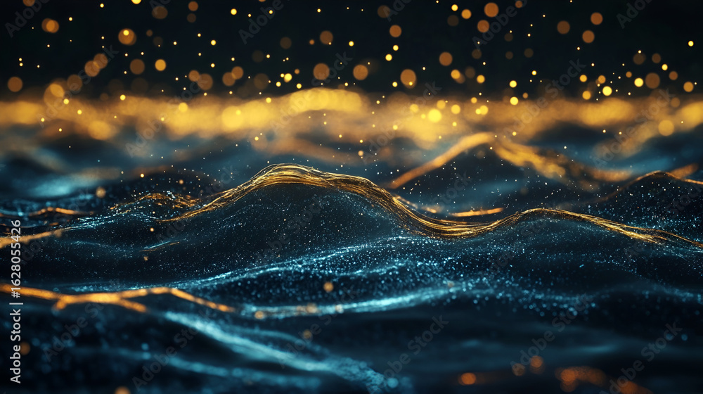 Poster ethereal waves of shimmering blue and gold particles flow and undulate, creating a captivating, abst
