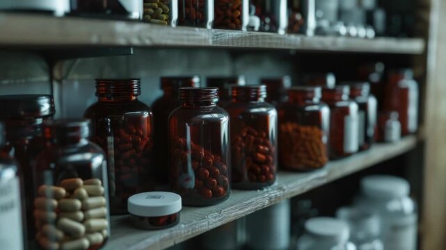 A shelf filled with various pills and medicines, useful for pharmaceutical or medical illustrations
