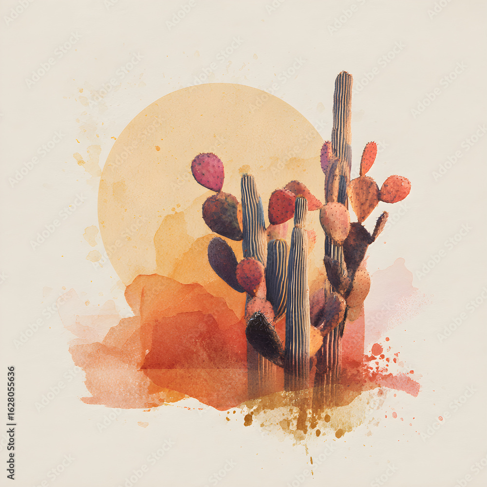 Poster desert cactus shapes on warm watercolor splash with subtle gradient background vector