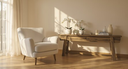 Modern Minimalist Interior with Armchair and Wooden Table