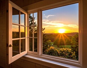 Captivating golden hour view through an open window revealing a picturesque landscape