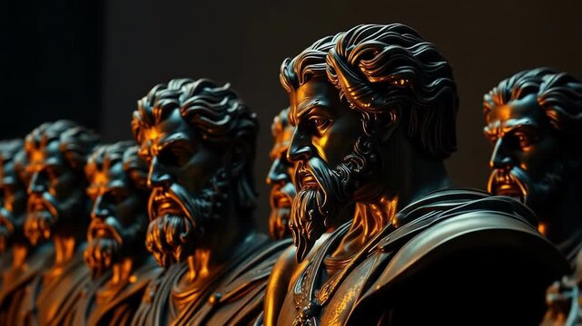 Rows of bronze busts display stoic expressions Each sculpture features detailed beards and headwear bathed in warm light creating a dramatic effect