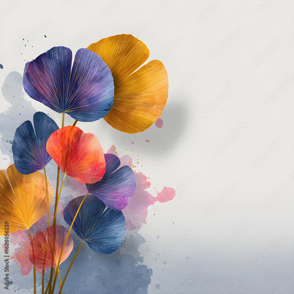 Aufkleber floating leaves with watercolor splash shadows over a misty gradient vector background
