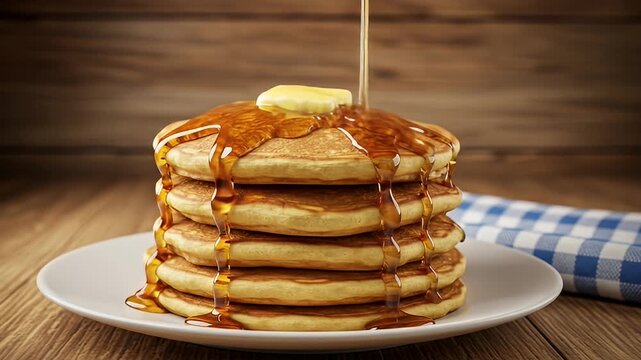 Stack of five pancakes with butter and dripping syrup, on wooden table background