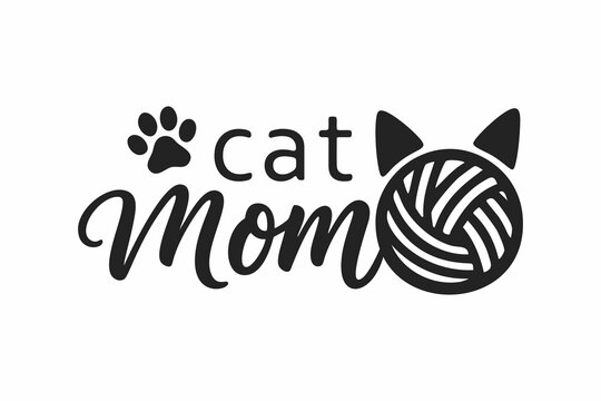 Cat mom lettering with yarn and paw. hand-drawn typography for a shirt, mug, or sticker. vector design for a cat lover or crafter gift.