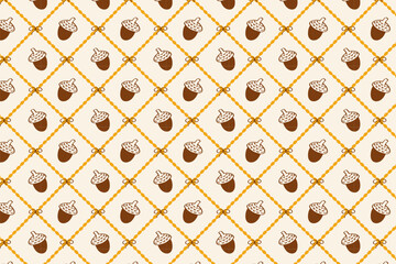 A cute pattern with acorns in a diamond frame is a great option for fall baby products, paper goods and kitchen decor. A seamless grid of acorns and diamonds on a beige background. A playful pattern © Katrin_the_artist