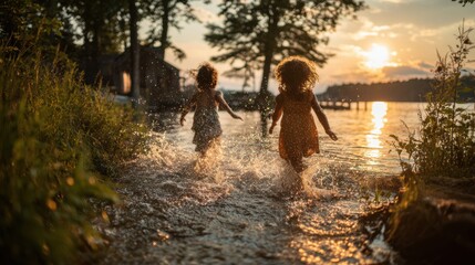 Kids splashing in lake during final summer days