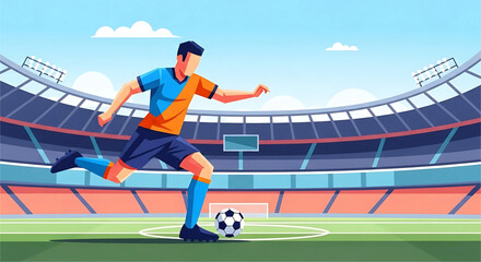 Dynamic action in stadium: Football player illustration with vibrant colors showcases sporting prowess and determination against an expansive stadium backdrop