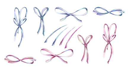 Hand-painted watercolor illustration of a delicate collection of coquette bows and ribbons in soft pastel pinks and blues, ideal for digital clipart, decor, and crafts.