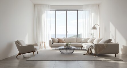 Modern Minimalist Living Room Interior with Ocean View