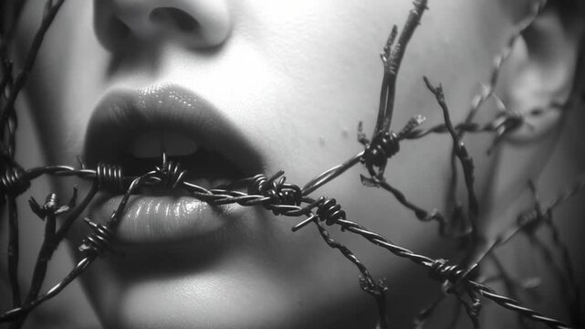 4k video of a woman surrounded with barbed wire.