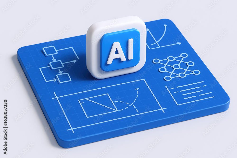 Aufkleber a stylish 3d representation of an ai icon on a blueprint background, symbolizing artificial intellig