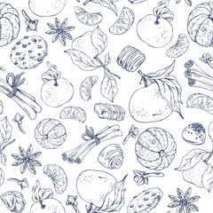 This hand-drawn line art graphic illustration features a detailed seamless pattern of Christmas elements: tangerines, spices, cookies and chocolates. Perfect for holiday packaging and digital design.