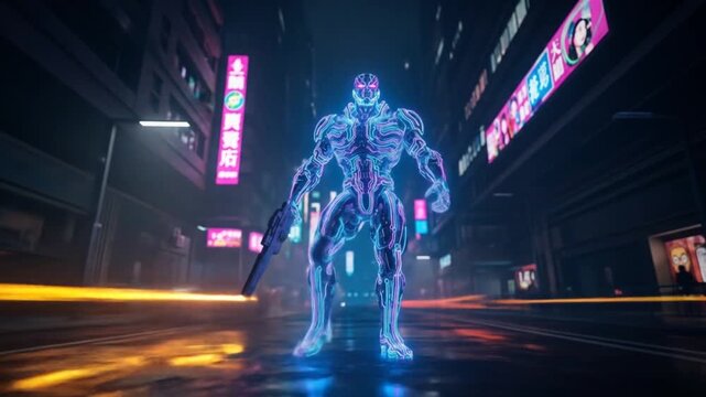 Neon Cyberpunk Enforcer: Futuristic Robot with Gun in a Dark Cityscape Video