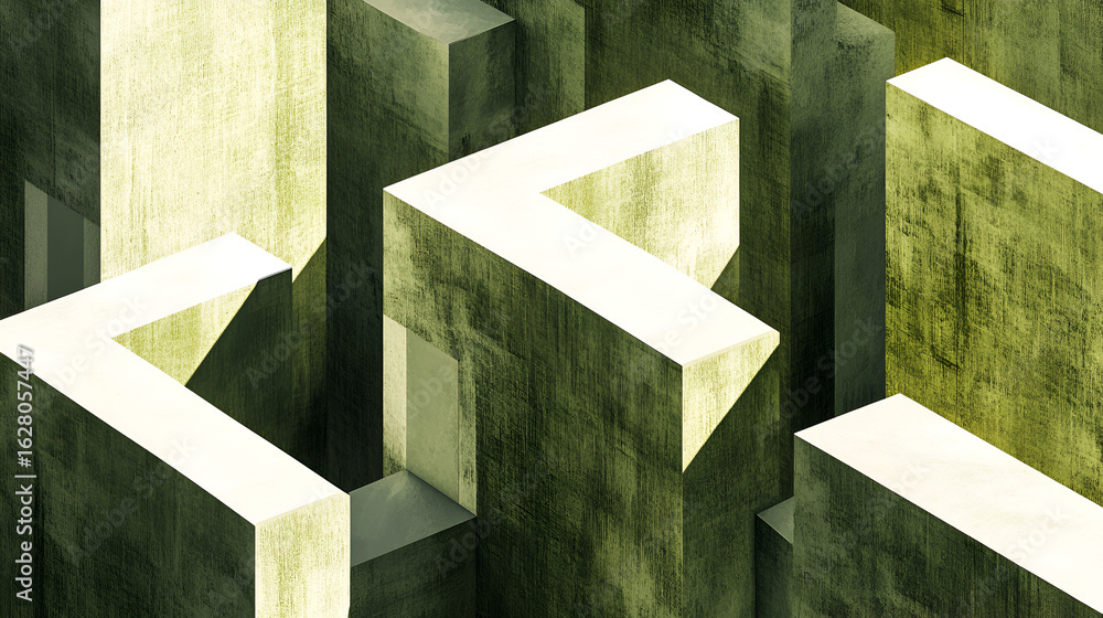 Poster abstract geometric shapes create a maze-like architectural structure with a textured, aged, and slig