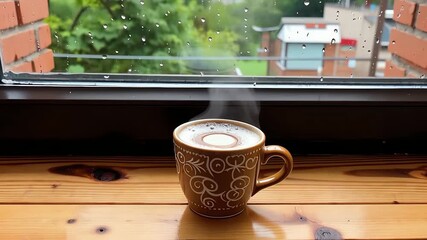 Brown patterned mug of steaming coffee sits on a wooden windowsill with raindrops on the windowpane and a blurred outdoor view - Powered by Adobe