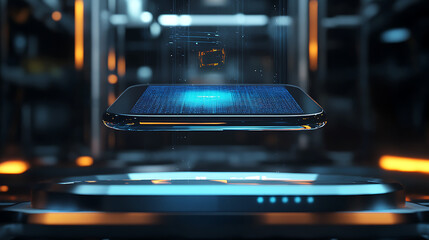 frameless Android mockup hovering in air with holographic interface glowing, futuristic display concept.