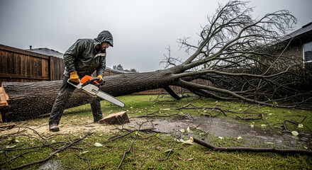 A worker uses a chainsaw to cut down a fallen tree in the yard of his home, during a recent storm, hurricane and bad weather